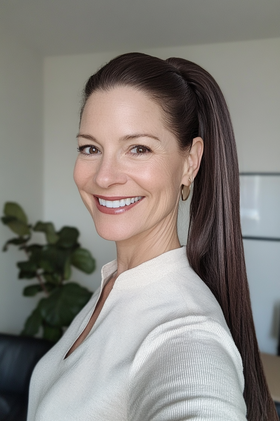 6. Polished Mid-Pony with Dark Chocolate Layers (Pulled Back Hairstyles For Women Over 40) - Pulled Back Hairstyles For Women Over 40