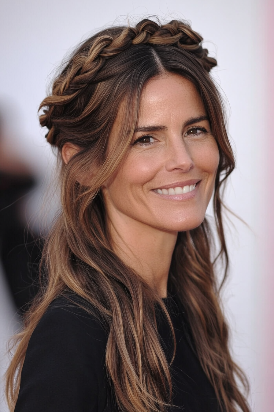8. Braided Crown with Deep Brown Base (Pulled Back Hairstyles For Women Over 40) - Pulled Back Hairstyles For Women Over 40