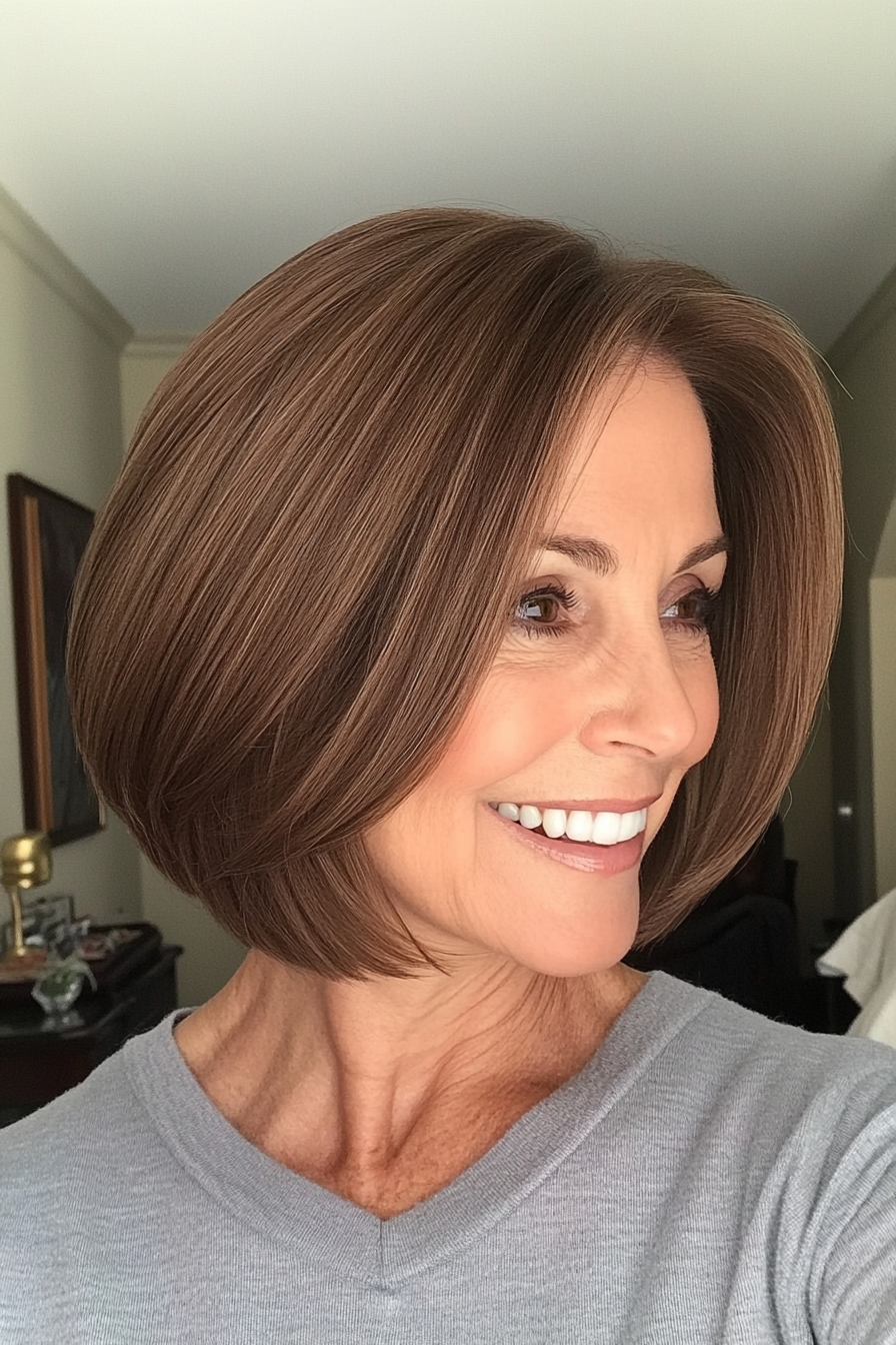 11. Tucked-In Bob with Caramel Brown Hues (Pulled Back Hairstyles For Women Over 40) - Pulled Back Hairstyles For Women Over 40