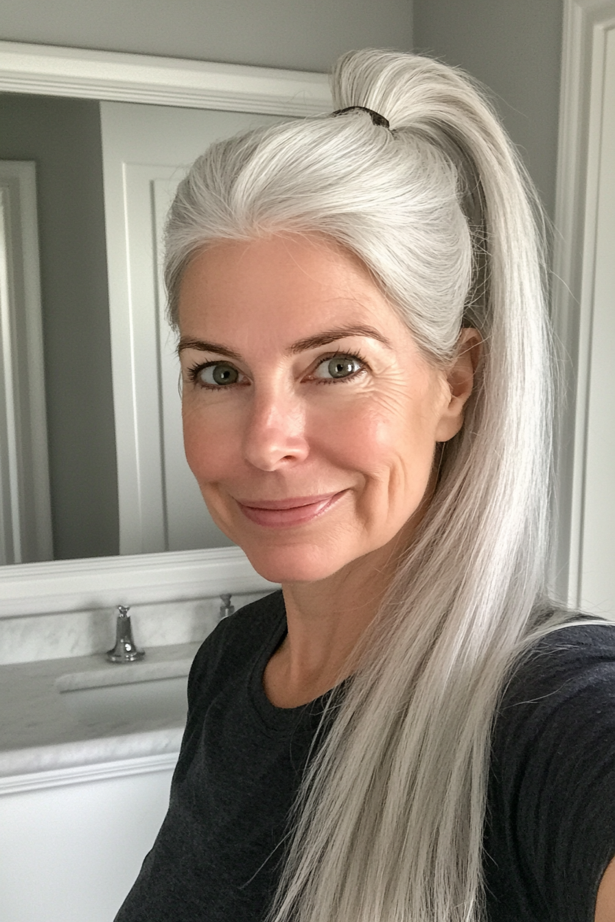 12. Mini Ponytail with Natural Silver Tones (Pulled Back Hairstyles For Women Over 40) - Pulled Back Hairstyles For Women Over 40