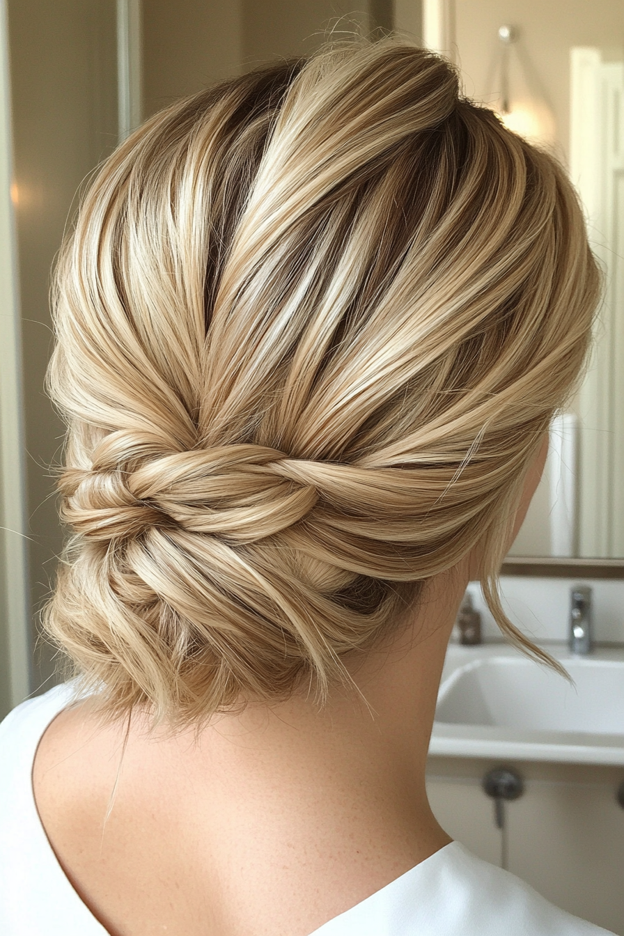 13. Soft Braided Updo with Neutral Blonde Tones (Pulled Back Hairstyles For Women Over 40) - Pulled Back Hairstyles For Women Over 40