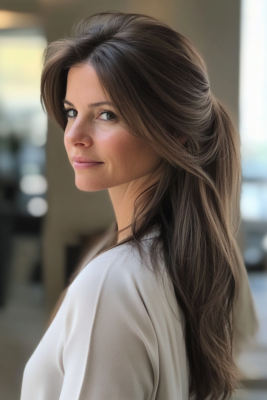 14. Face-Framing Ponytail with Cool Brunette Layers (Pulled Back Hairstyles For Women Over 40) - Pulled Back Hairstyles For Women Over 40