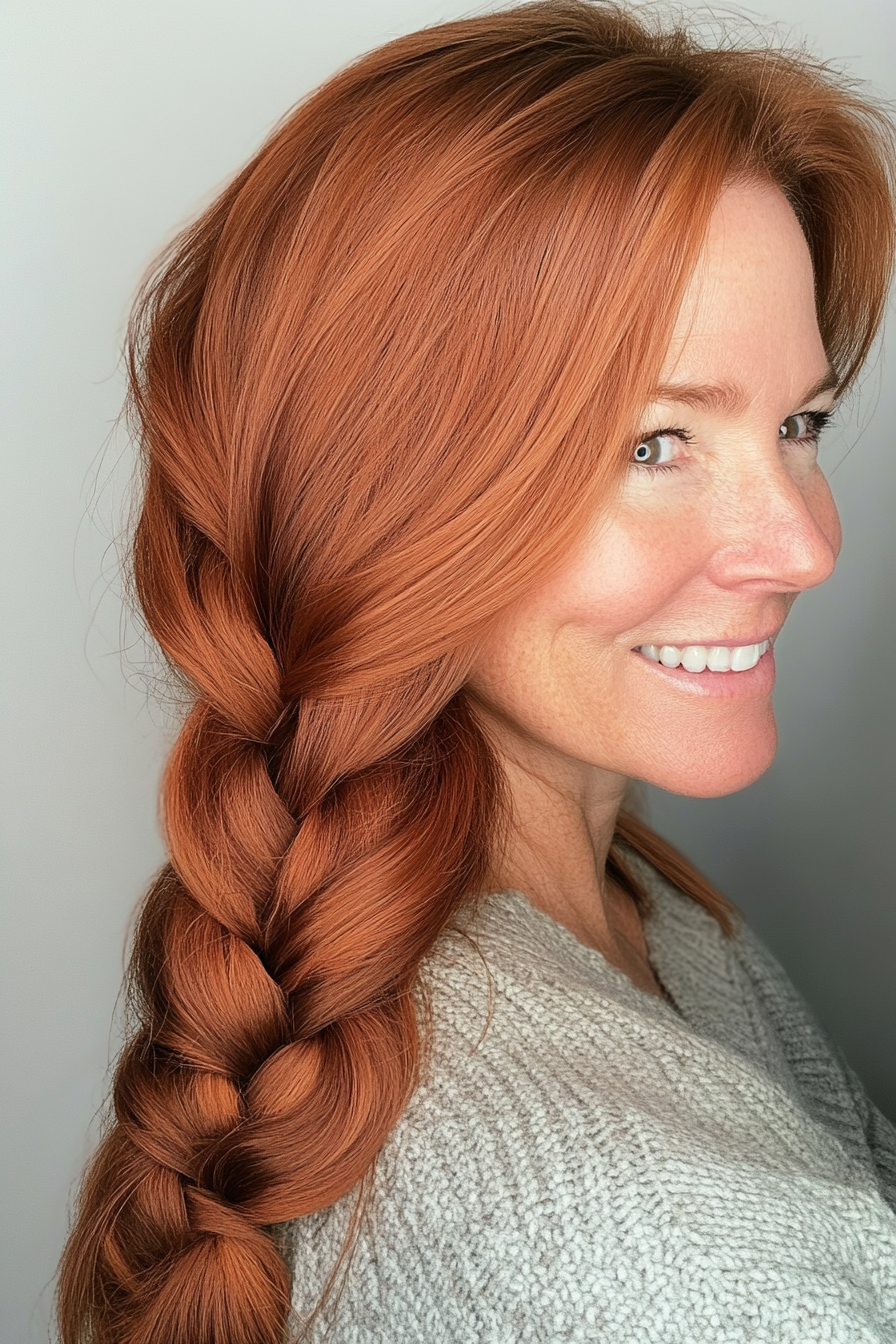 16. Loose Braid with Copper Tones (Pulled Back Hairstyles For Women Over 40) - Pulled Back Hairstyles For Women Over 40