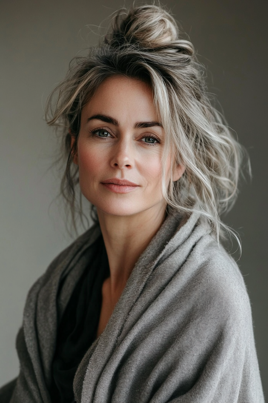 15. Messy Bun with Light Ash Layers (Pulled Back Hairstyles For Women Over 40) - Pulled Back Hairstyles For Women Over 40