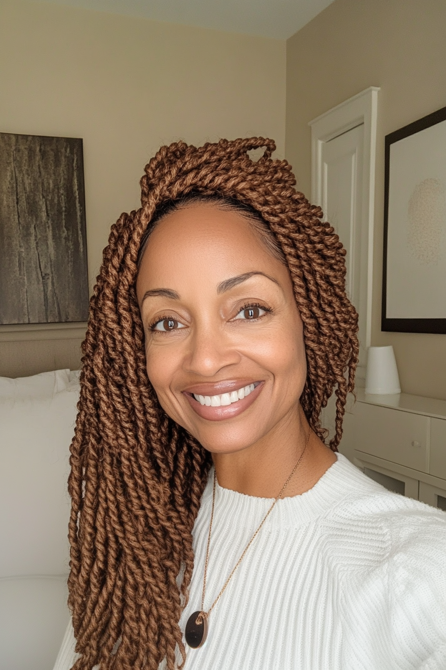 17. Twisted Crown with Chestnut Balayage (Pulled Back Hairstyles For Women Over 40) - Pulled Back Hairstyles For Women Over 40