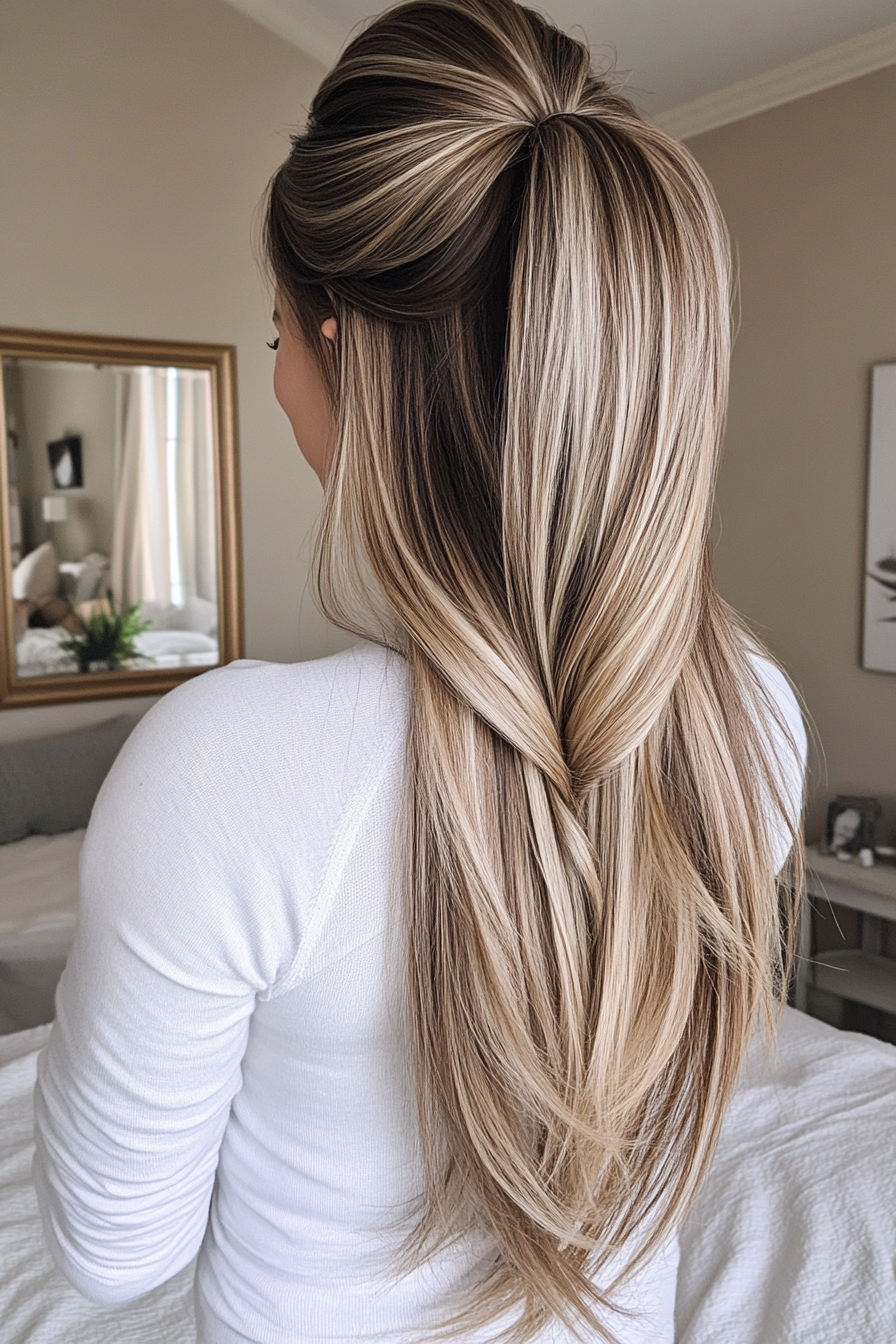 19. Cascading Ponytail with Natural Dark Blonde Highlights (Pulled Back Hairstyles For Women Over 40) - Pulled Back Hairstyles For Women Over 40