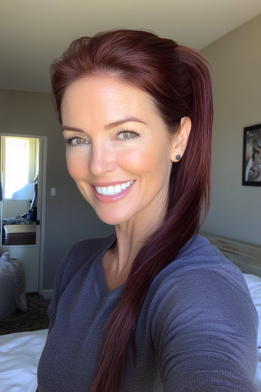 23. Pinned Low Pony with Rich Mahogany Shades (Pulled Back Hairstyles For Women Over 40) - Pulled Back Hairstyles For Women Over 40