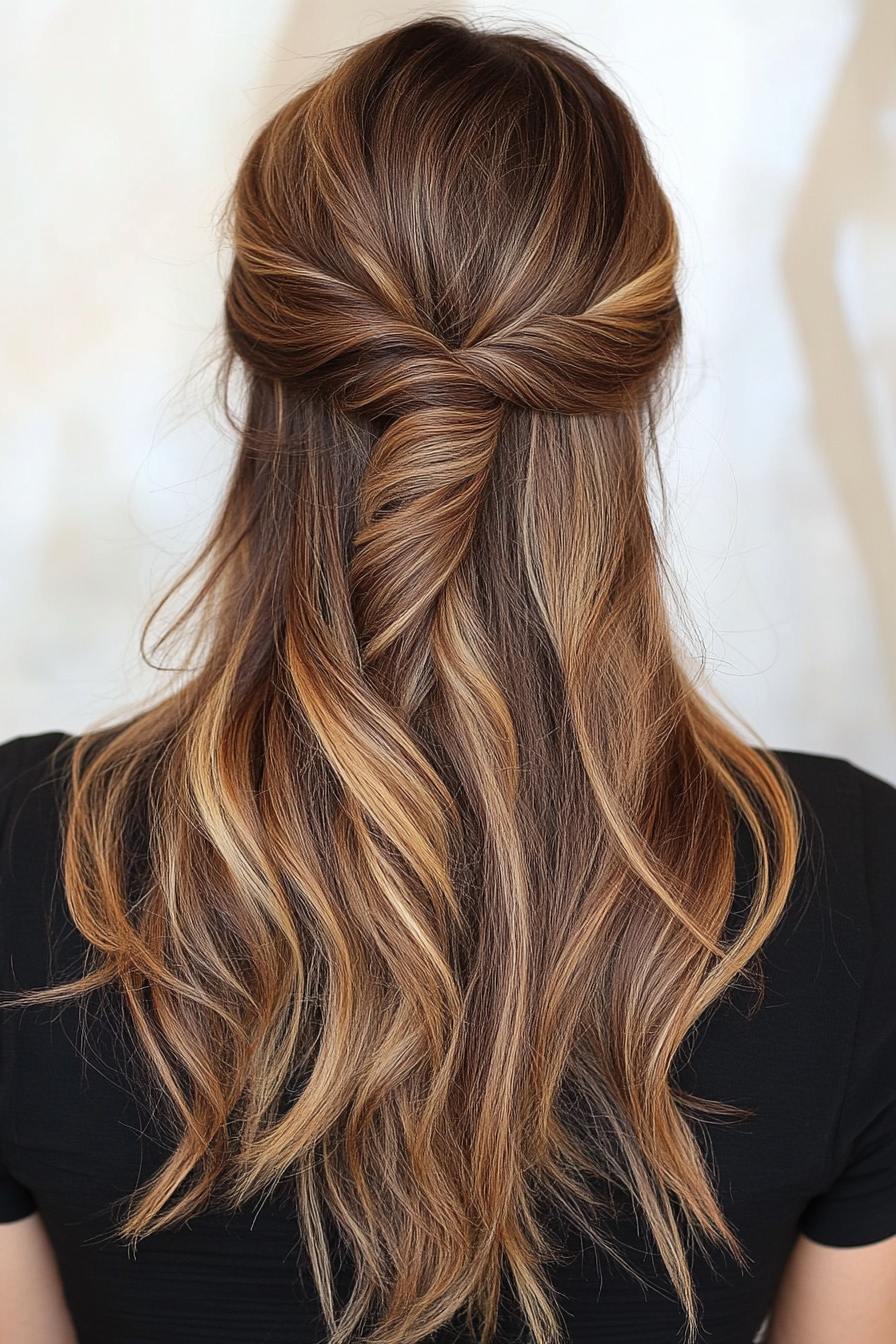 24. Loose Twist and Pin with Warm Brunette Balayage (Pulled Back Hairstyles For Women Over 40) - Pulled Back Hairstyles For Women Over 40