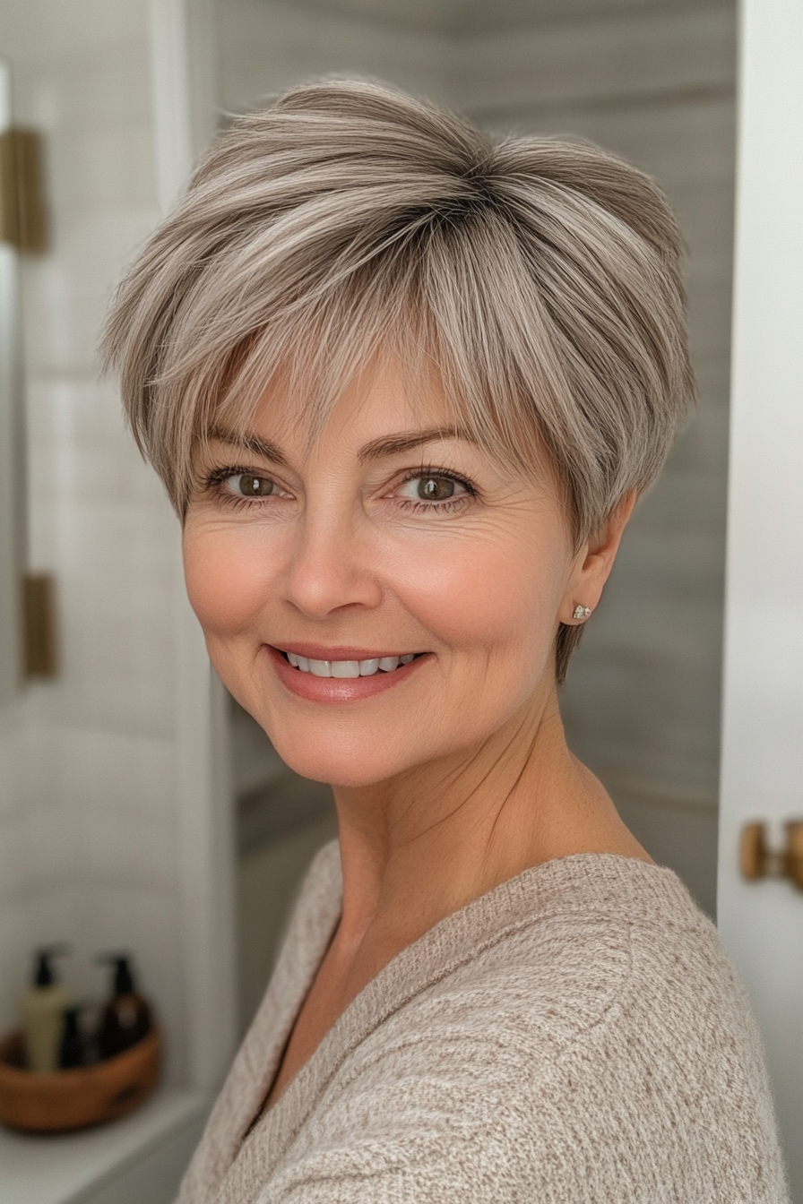 17. Light Ash Brown Pixie with Bangs (Pixie Haircuts For Women Over 60 With Thin Hair) - Pixie Haircuts For Women Over 60 With Thin Hair