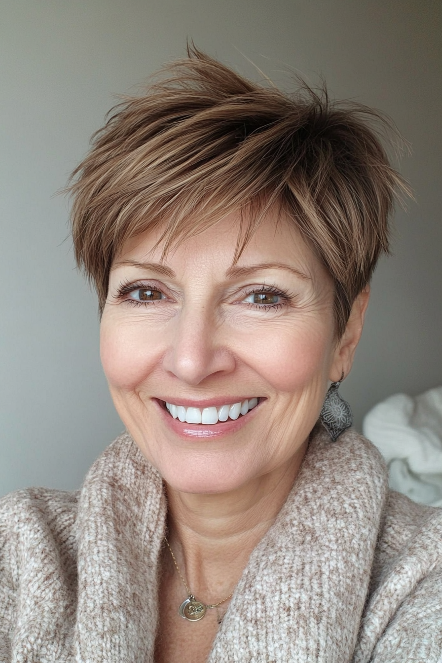 21. Almond Brown Choppy Pixie (Pixie Haircuts For Women Over 60 With Thin Hair) - Pixie Haircuts For Women Over 60 With Thin Hair