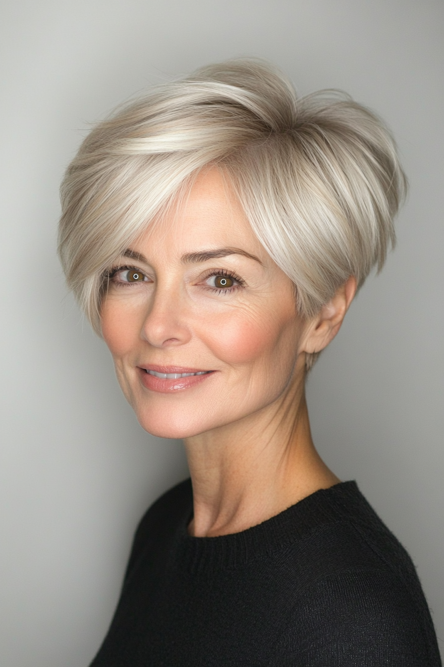 23. Neutral Blonde Side-Swept Pixie (Pixie Haircuts For Women Over 60 With Thin Hair) - Pixie Haircuts For Women Over 60 With Thin Hair