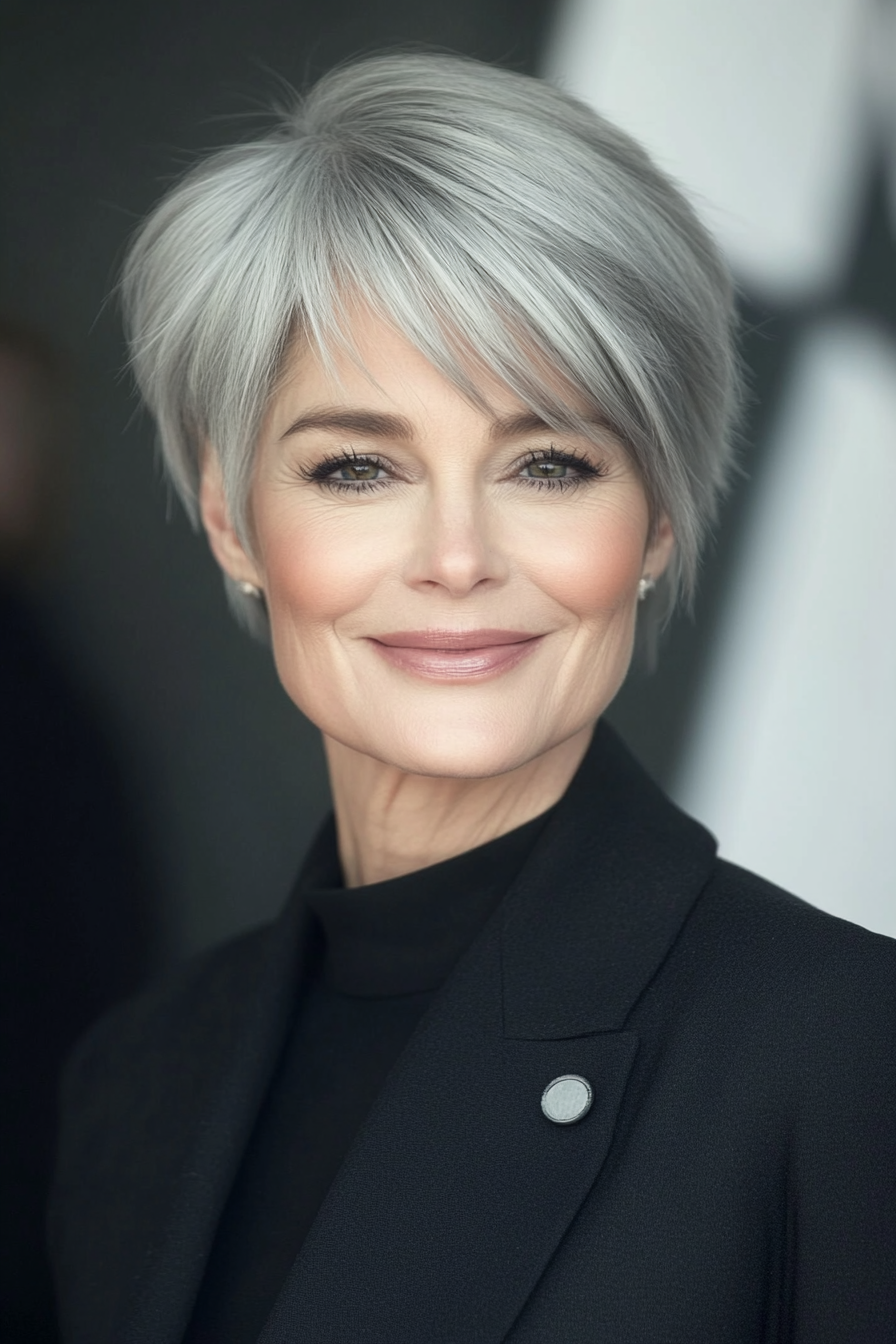 3. Classic Ash Pixie with Side-Swept Bangs (Pixie Haircuts For Women Over 50 With Silver Hair) - Pixie Haircuts For Women Over 50 With Silver Hair