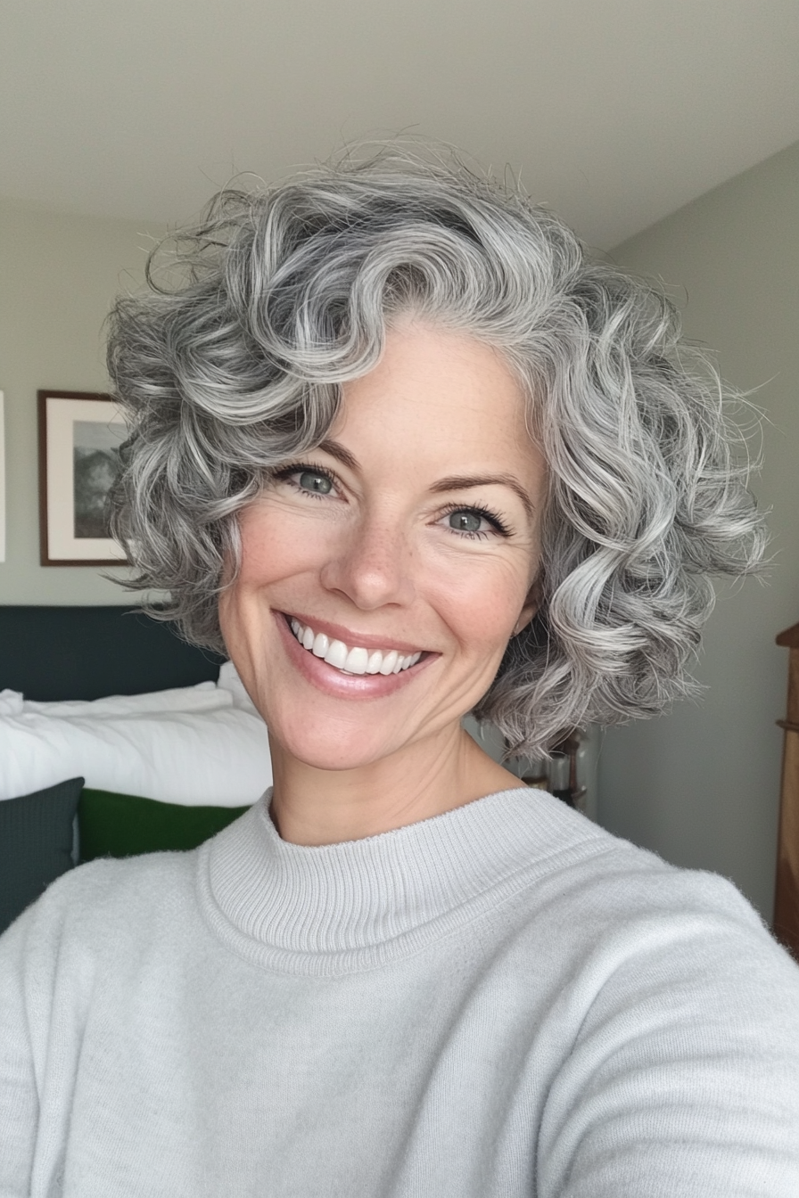 8. Misty Gray Curly Pixie (Pixie Haircuts For Women Over 50 With Silver Hair) - Pixie Haircuts For Women Over 50 With Silver Hair