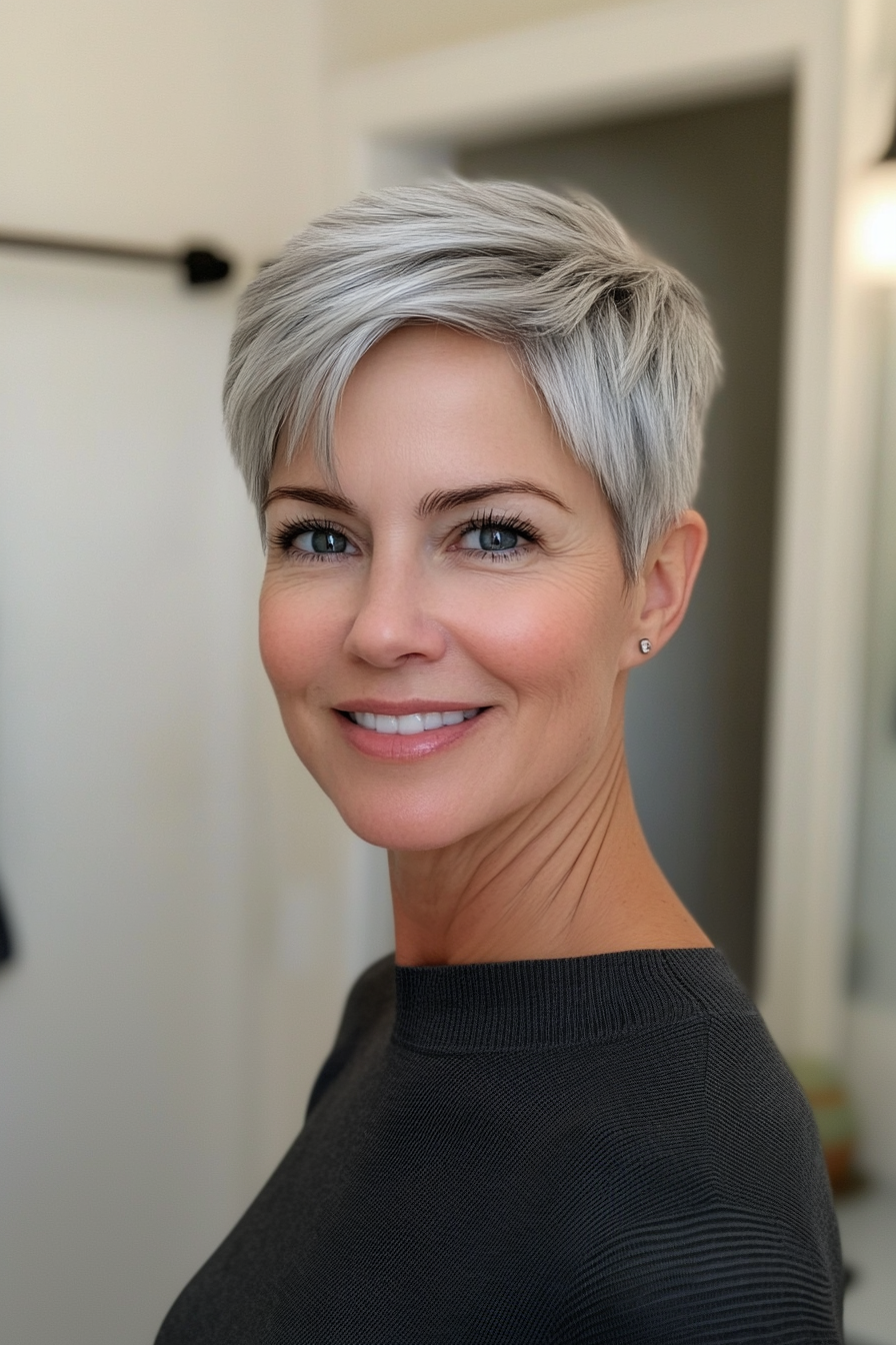 13. Cropped Frost Gray Pixie (Pixie Haircuts For Women Over 50 With Silver Hair) - Pixie Haircuts For Women Over 50 With Silver Hair