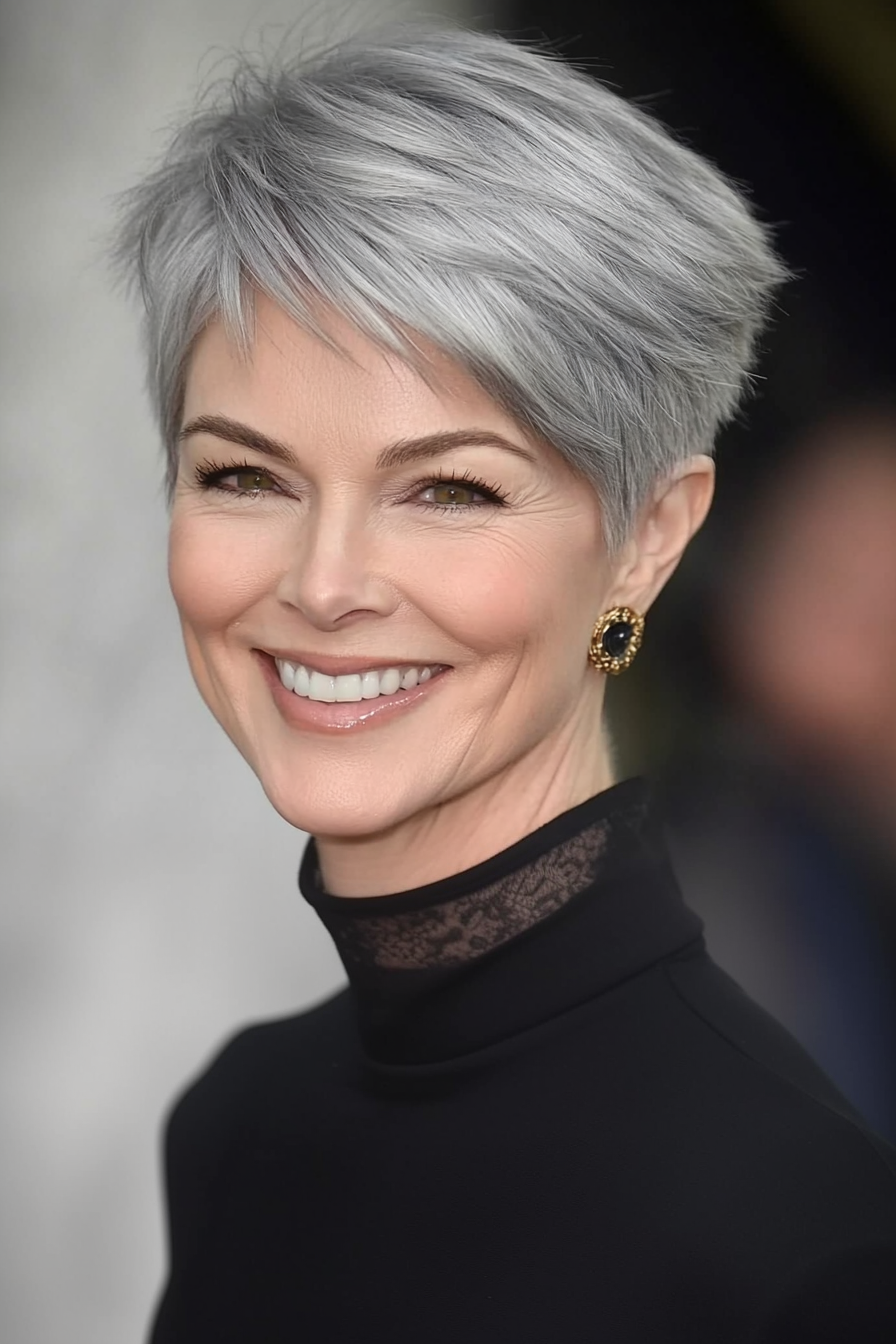 15. Granite Pixie with Face-Framing Layers (Pixie Haircuts For Women Over 50 With Silver Hair) - Pixie Haircuts For Women Over 50 With Silver Hair