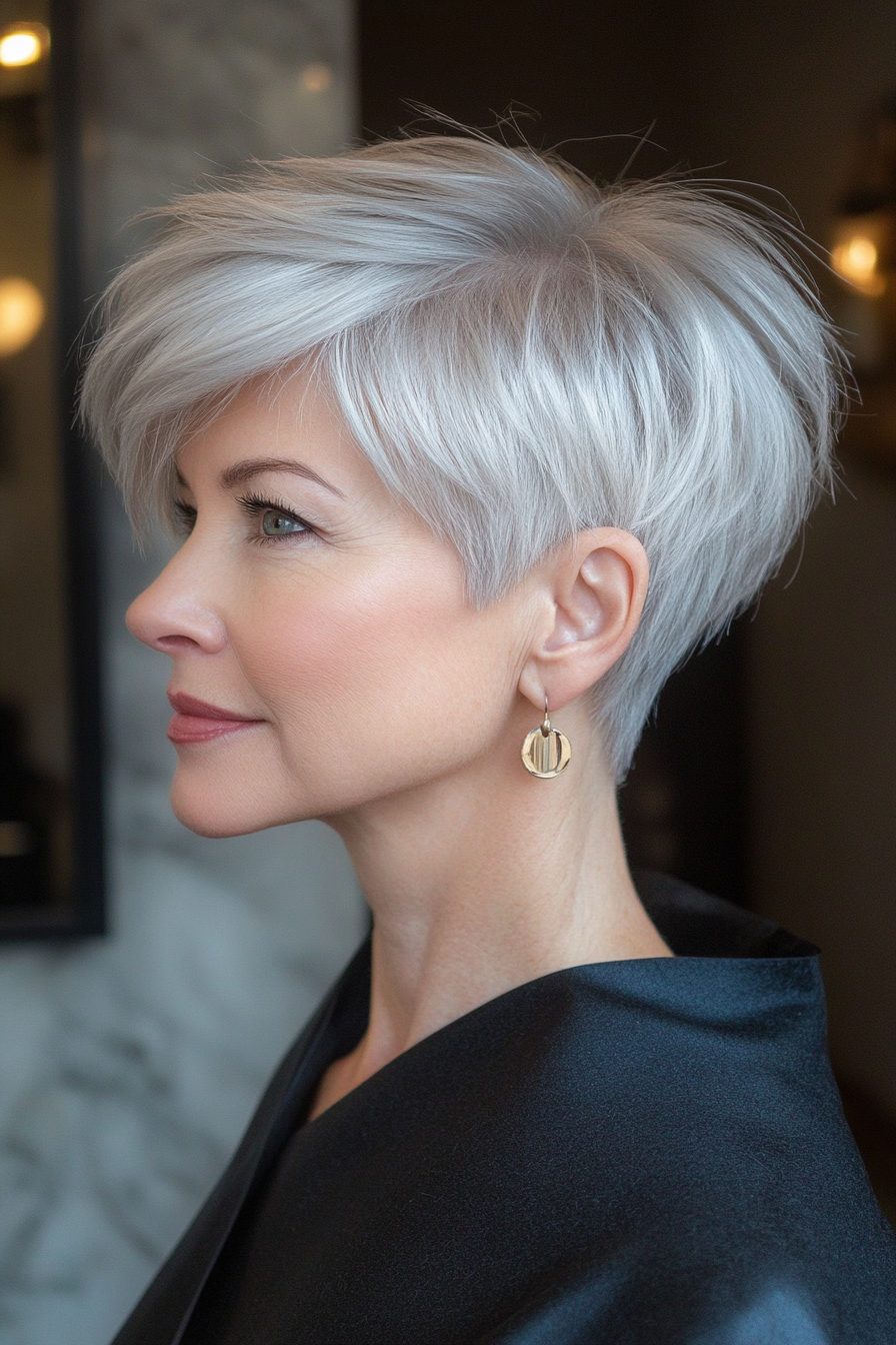 18. Voluminous Ash Silver Pixie (Pixie Haircuts For Women Over 50 With Silver Hair) - Pixie Haircuts For Women Over 50 With Silver Hair