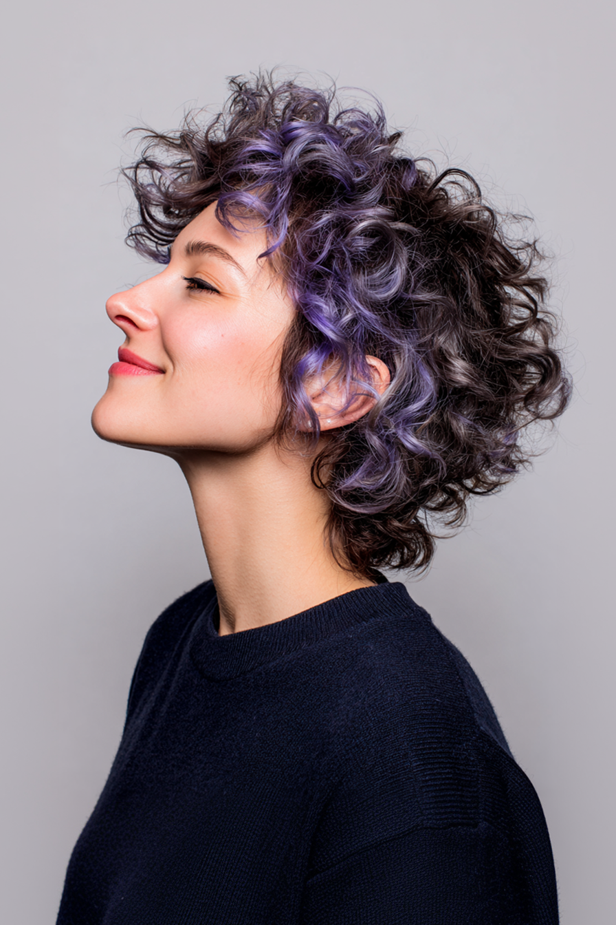13. Curly Shag with Lavender Tips (Short Shaggy Haircuts For Curly Hair) - Short Shaggy Haircuts For Curly Hair