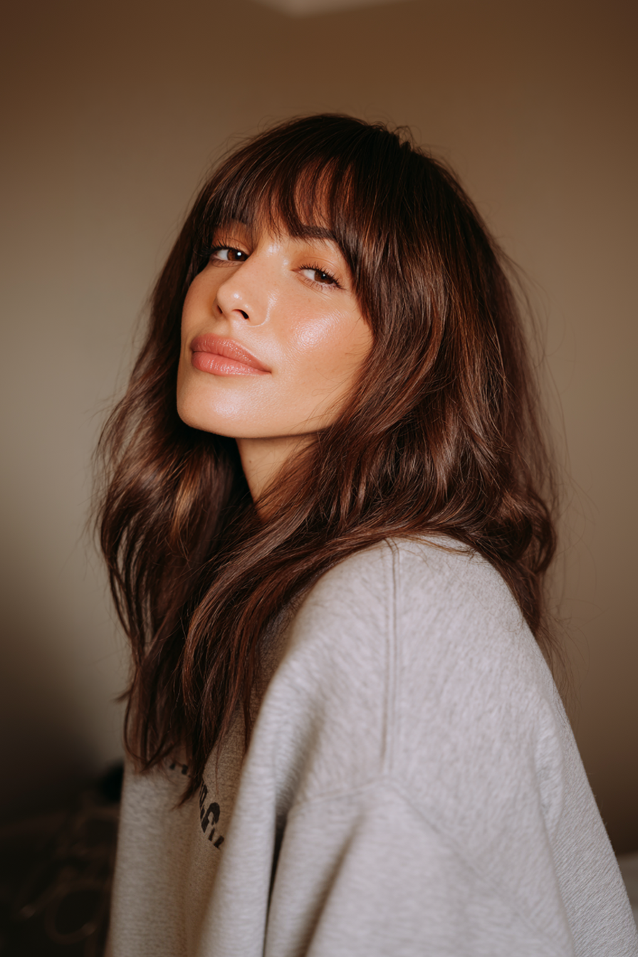 4. Long Layers with Blunt Bangs in Chestnut Brown (Haircuts For Women Over 40 With Bangs) - Haircuts For Women Over 40 With Bangs