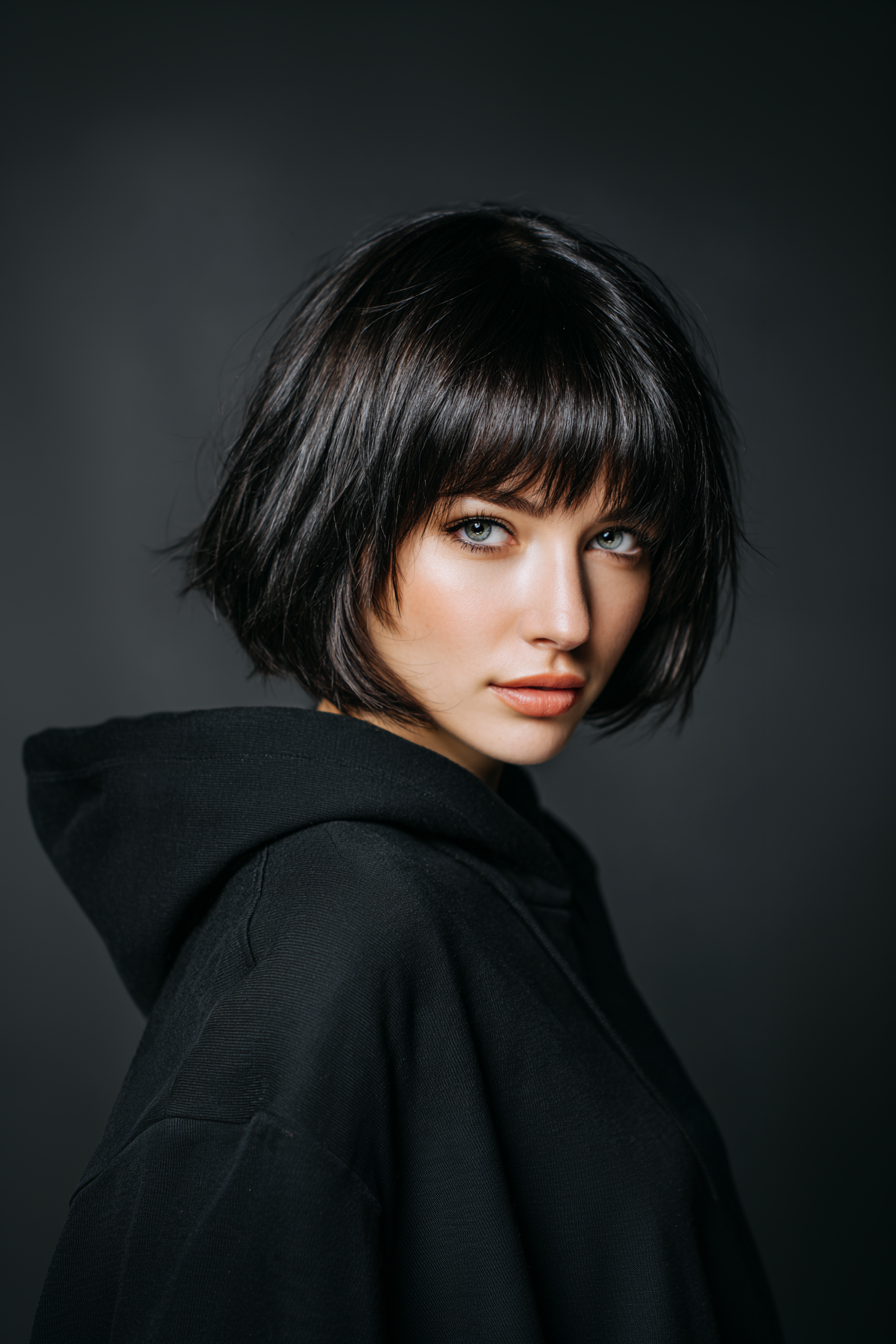 7. Angled Bob with Textured Bangs in Black Espresso (Haircuts For Women Over 40 With Bangs) - Haircuts For Women Over 40 With Bangs