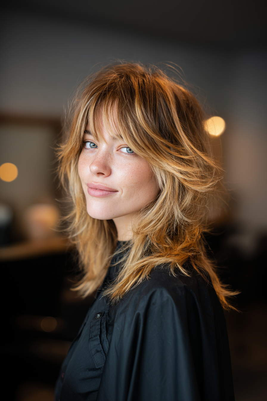 8. Layered Shag with Wispy Fringe in Golden Blonde (Haircuts For Women Over 40 With Bangs) - Haircuts For Women Over 40 With Bangs