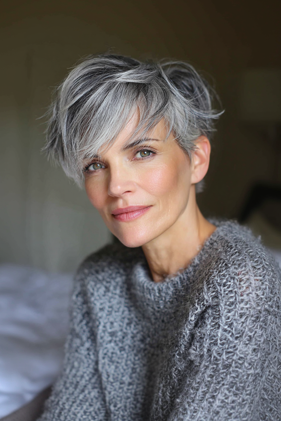 15. Feathered Pixie with Side-Swept Bangs in Soft Gray (Haircuts For Women Over 40 With Bangs) - Haircuts For Women Over 40 With Bangs