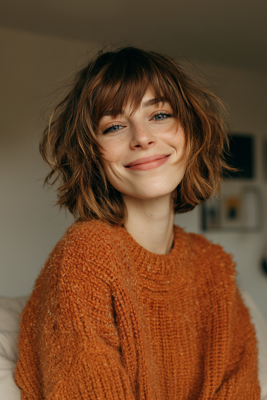 16. Shaggy Bob with Piecey Bangs in Chestnut Highlights (Haircuts For Women Over 40 With Bangs) - Haircuts For Women Over 40 With Bangs