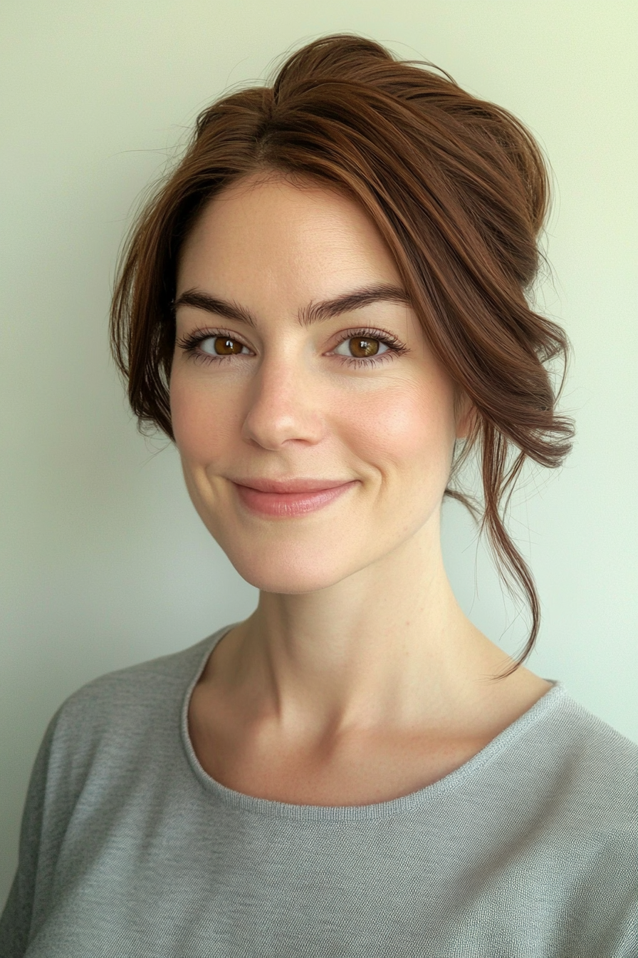1. Low Twisted Bun with Soft Chestnut Layers (Pulled Back Hairstyles For Women Over 40) - Pulled Back Hairstyles For Women Over 40