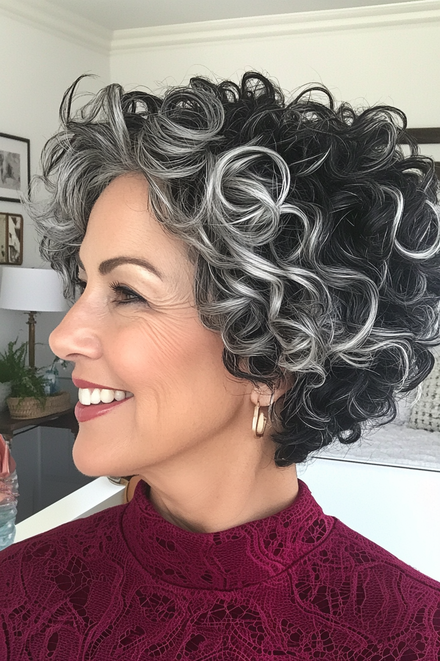 11. Curly Salt and Pepper Crop with Natural Jet Black Blend (Salt And Pepper Hairstyles For Women Over 50) - Salt And Pepper Hairstyles For Women Over 50
