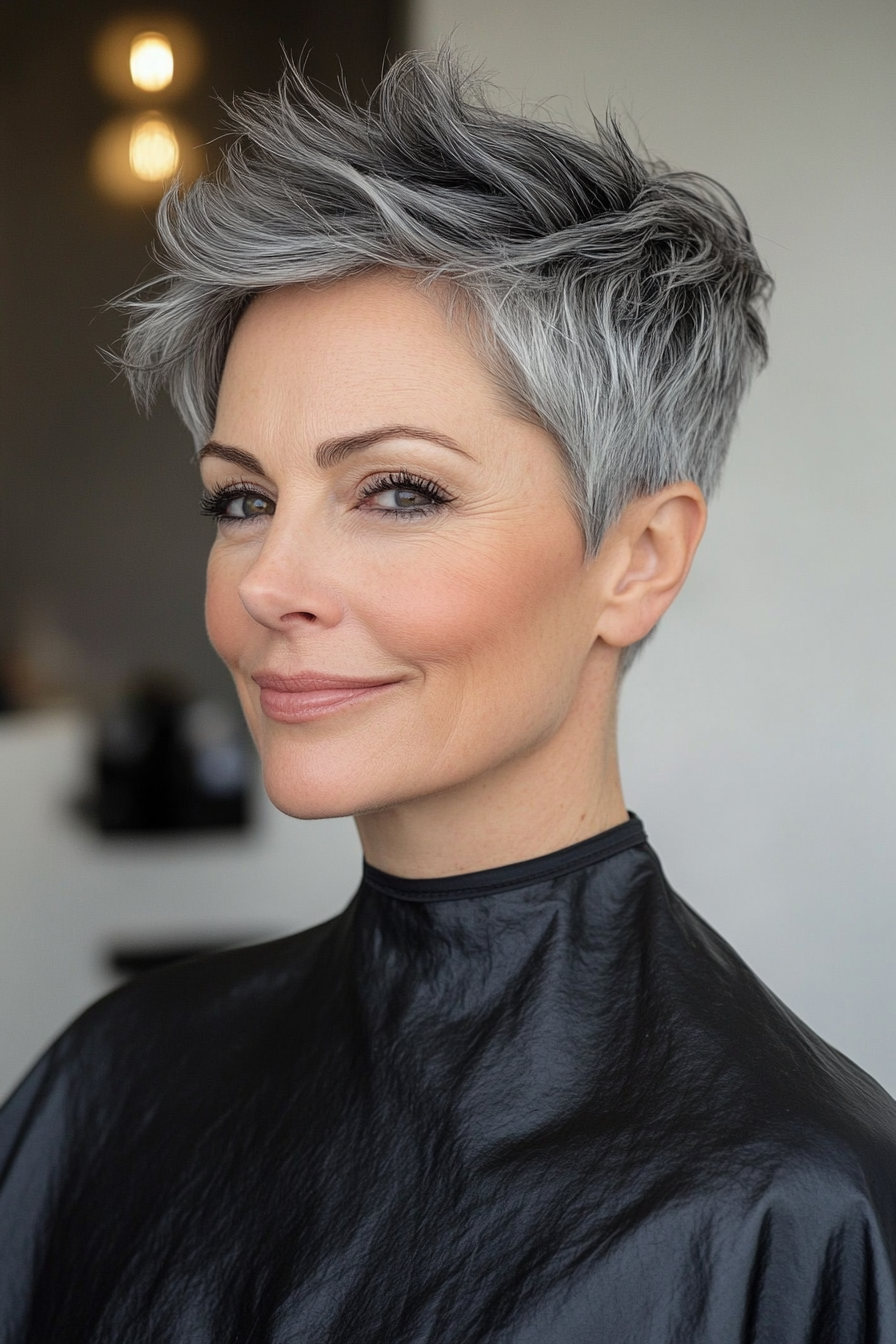 21. Sculpted Salt and Pepper Pixie with Raven Black Edges (Salt And Pepper Hairstyles For Women Over 50) - Salt And Pepper Hairstyles For Women Over 50