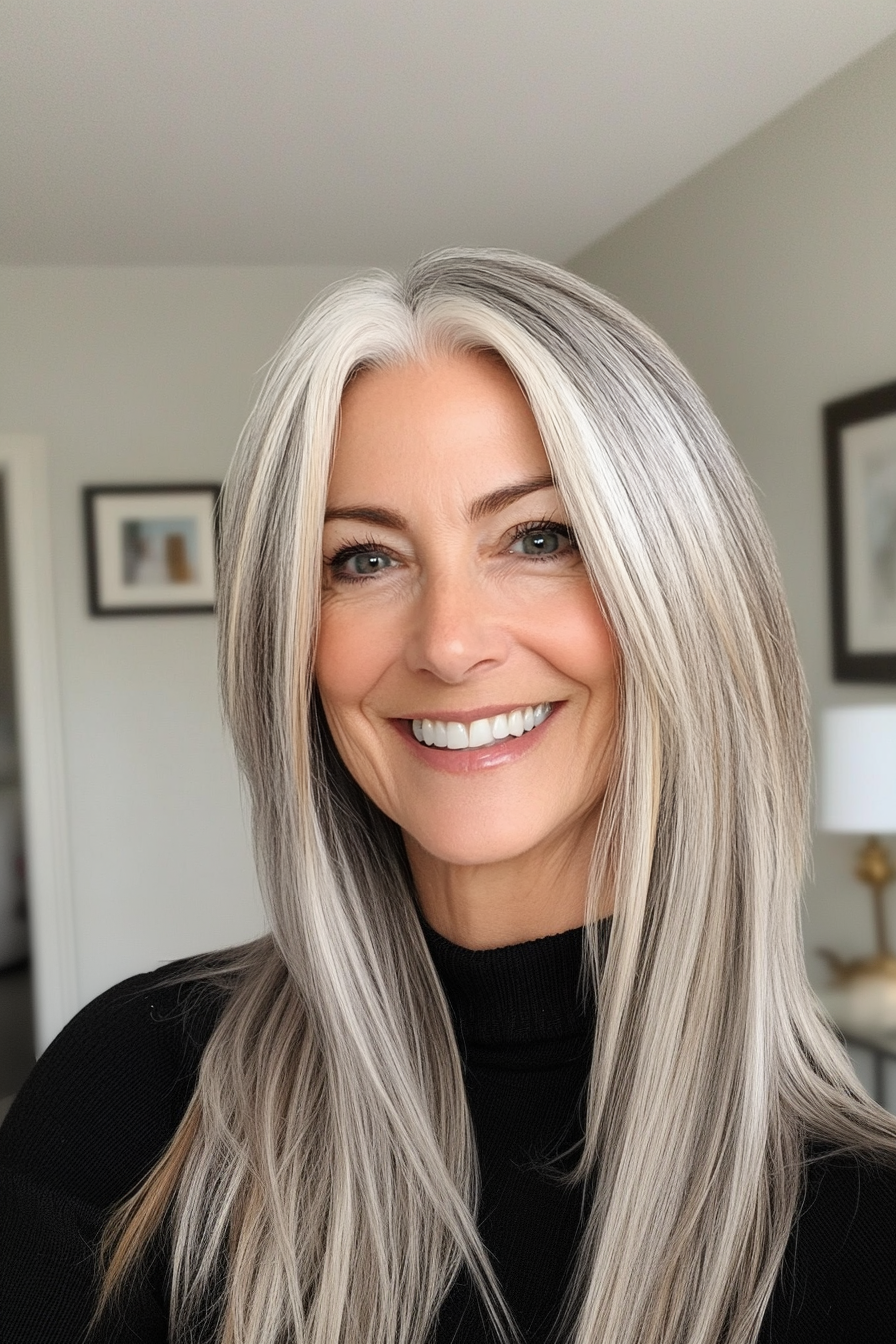 15. Shoulder-Length Salt and Pepper Cut with Sandy Blonde Blends (Salt And Pepper Hairstyles For Women Over 50) - Salt And Pepper Hairstyles For Women Over 50