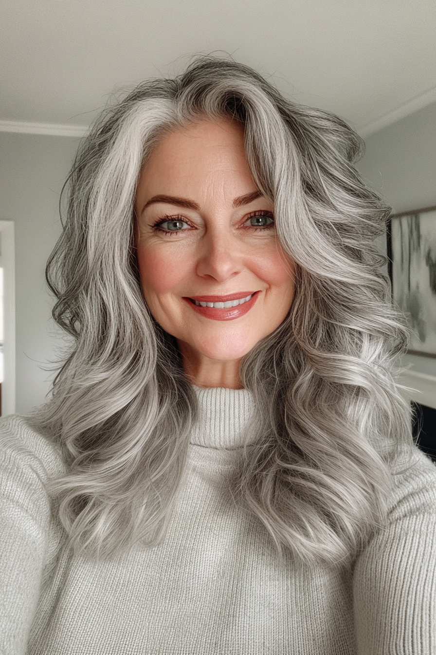 6. Soft Curls Salt and Pepper Mid-Length Cut with Espresso Base (Salt And Pepper Hairstyles For Women Over 50) - Salt And Pepper Hairstyles For Women Over 50