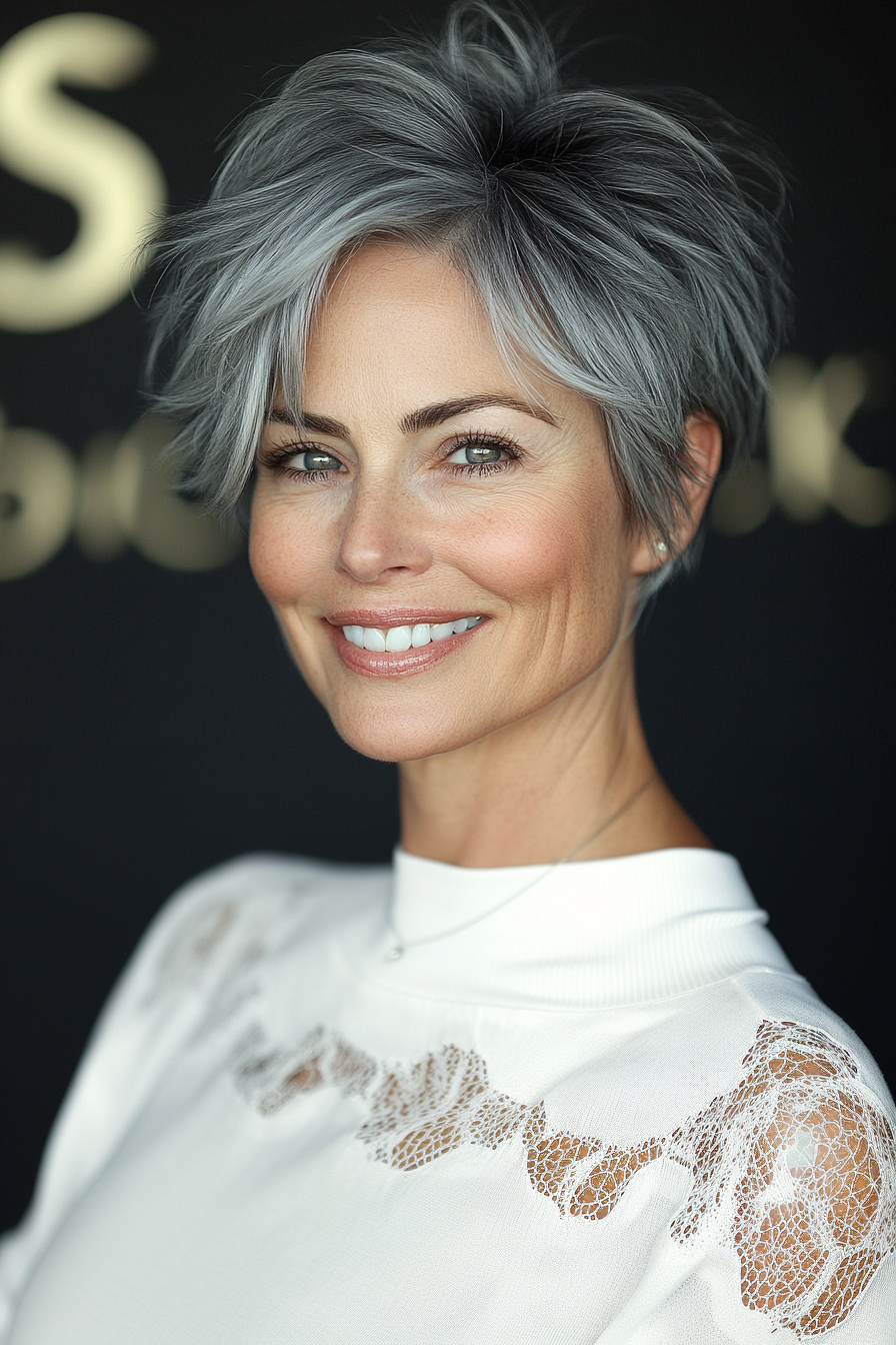 3. Textured Salt and Pepper Pixie with Soft Black Undertones (Salt And Pepper Hairstyles For Women Over 50) - Salt And Pepper Hairstyles For Women Over 50