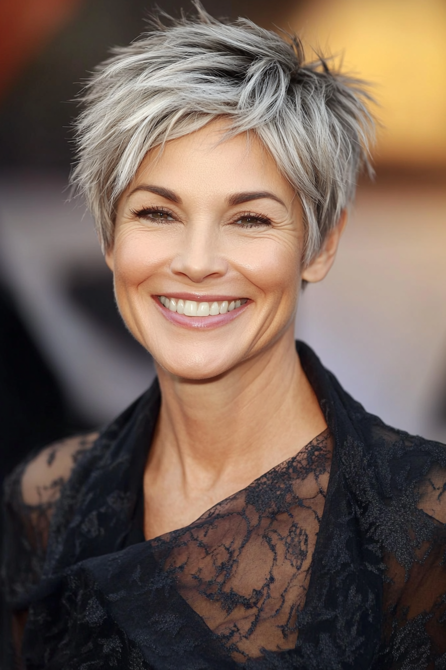 1. Textured Pixie with Silver Ash Highlights (Short Edgy Haircuts For Women Over 50) - Short Edgy Haircuts For Women Over 50