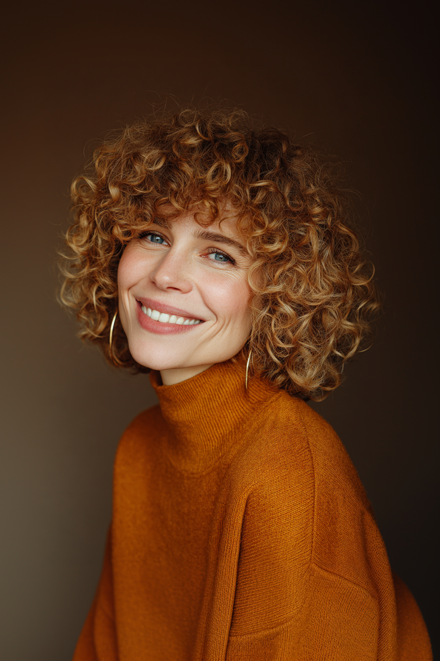 19. Curly Shoulder-Length Cut with Rounded Bangs in Golden Caramel (Haircuts For Women Over 40 With Bangs) - Haircuts For Women Over 40 With Bangs
