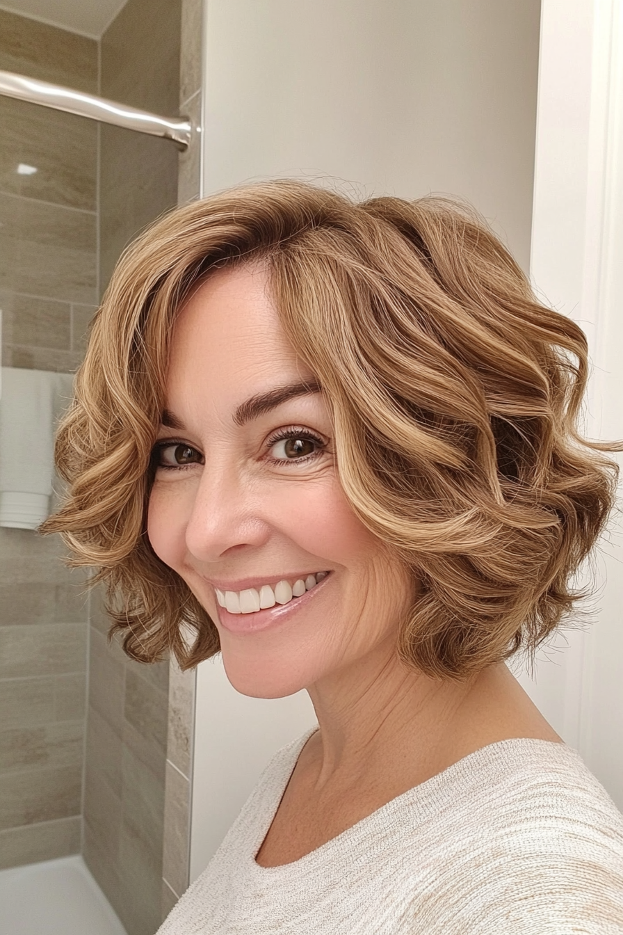 5. Curled Chin-Length Bob in Light Brown (Fun Haircut Ideas For Women Over 40) - Fun Haircut Ideas For Women Over 40