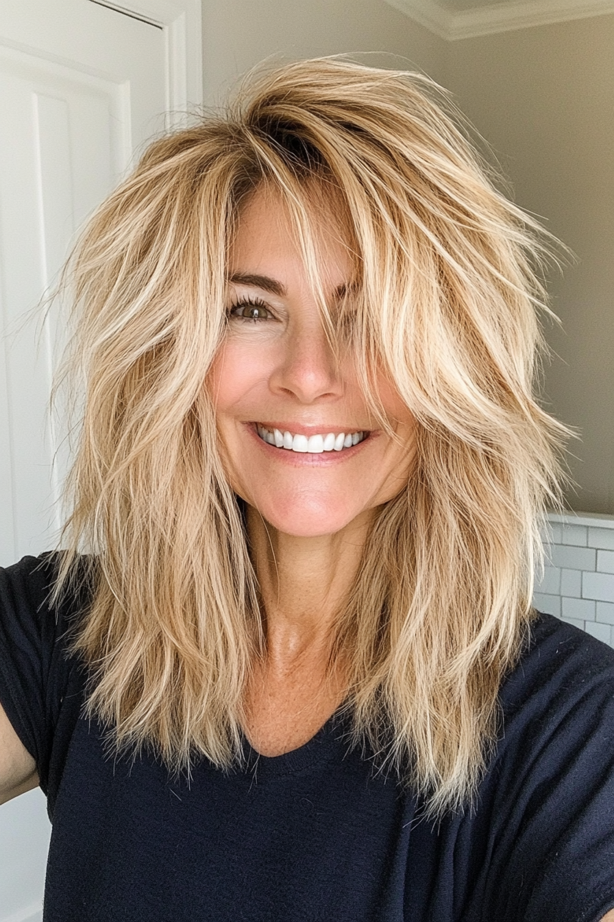 7. Medium Shag with Honey Blonde Strands (Fun Haircut Ideas For Women Over 40) - Fun Haircut Ideas For Women Over 40