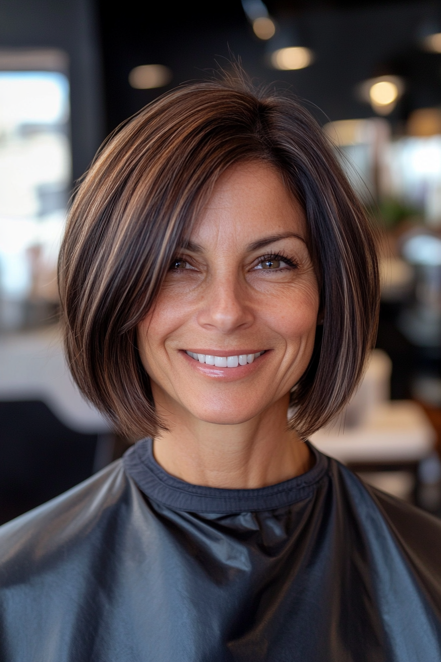 10. Angled Bob in Mocha Brown (Fun Haircut Ideas For Women Over 40) - Fun Haircut Ideas For Women Over 40