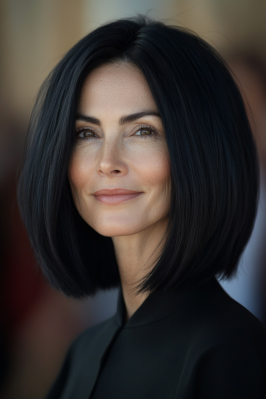 16. Sleek Shoulder-Length Cut in Jet Black (Fun Haircut Ideas For Women Over 40) - Fun Haircut Ideas For Women Over 40