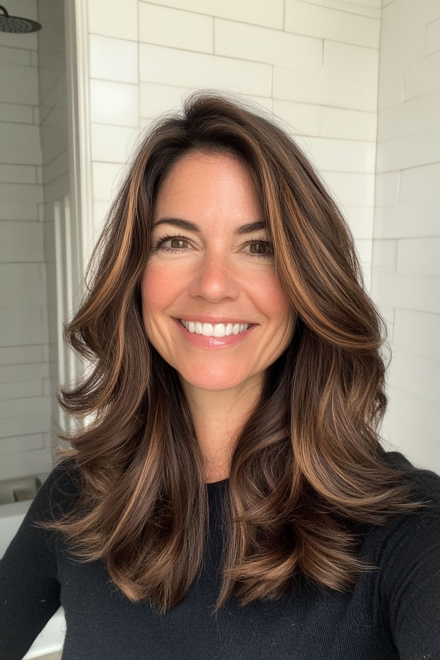 13. Collarbone Cut with Chestnut Balayage (Fun Haircut Ideas For Women Over 40) - Fun Haircut Ideas For Women Over 40