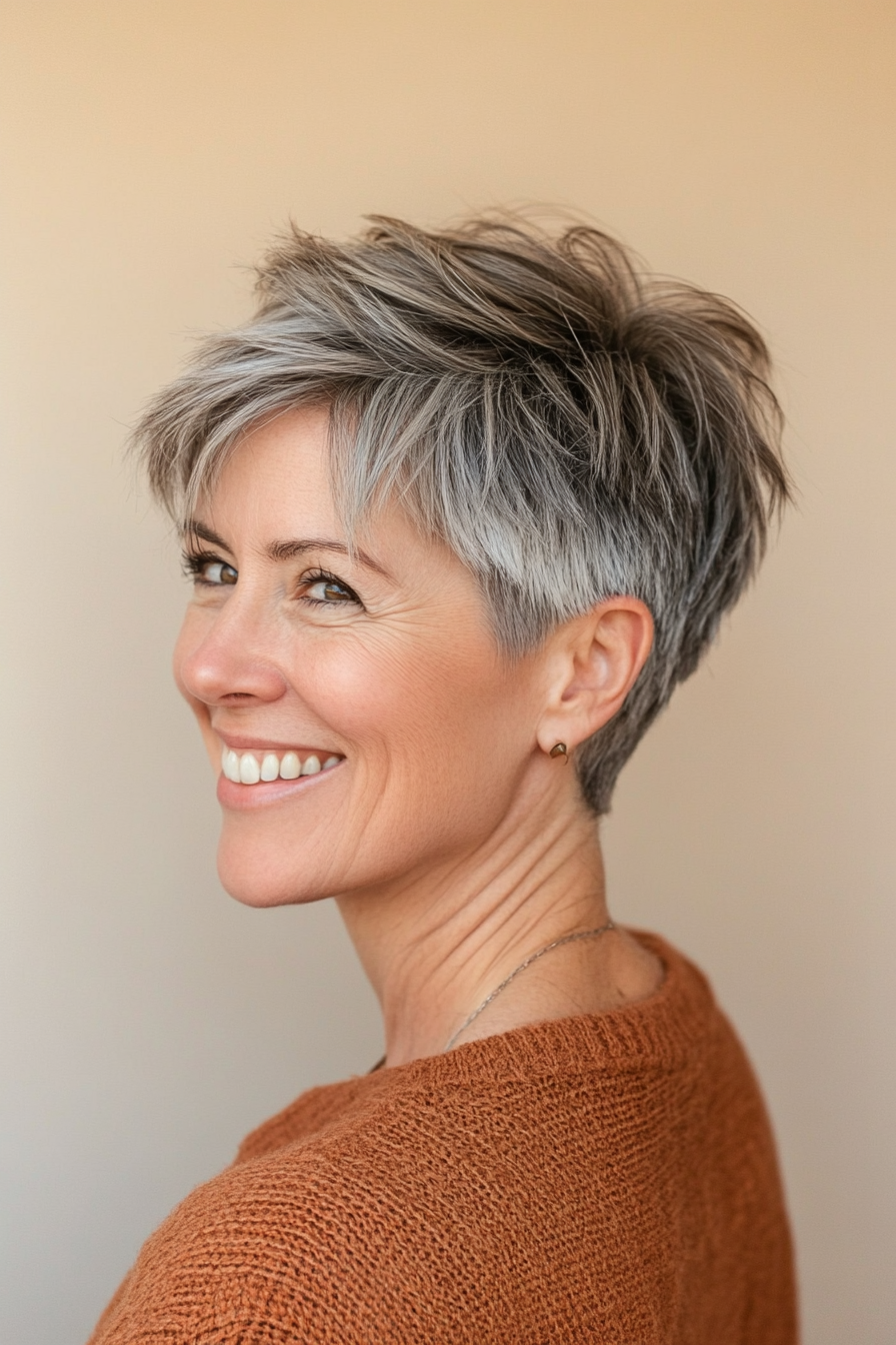 14. Layered Pixie with Natural Gray Transition (Fun Haircut Ideas For Women Over 40) - Fun Haircut Ideas For Women Over 40