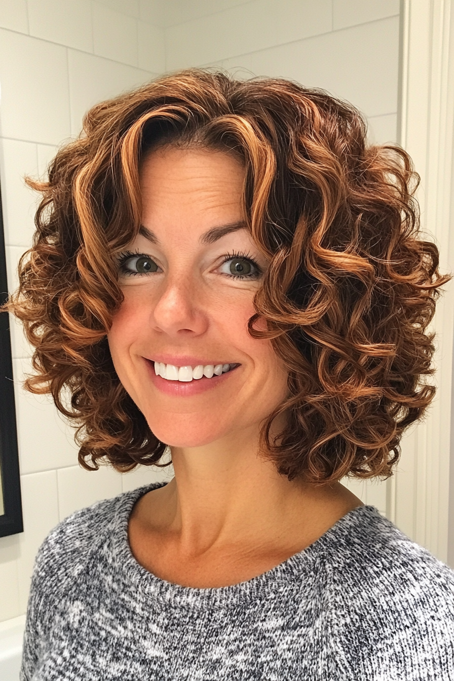 18. Curly Bob with Cinnamon Highlights (Fun Haircut Ideas For Women Over 40) - Fun Haircut Ideas For Women Over 40