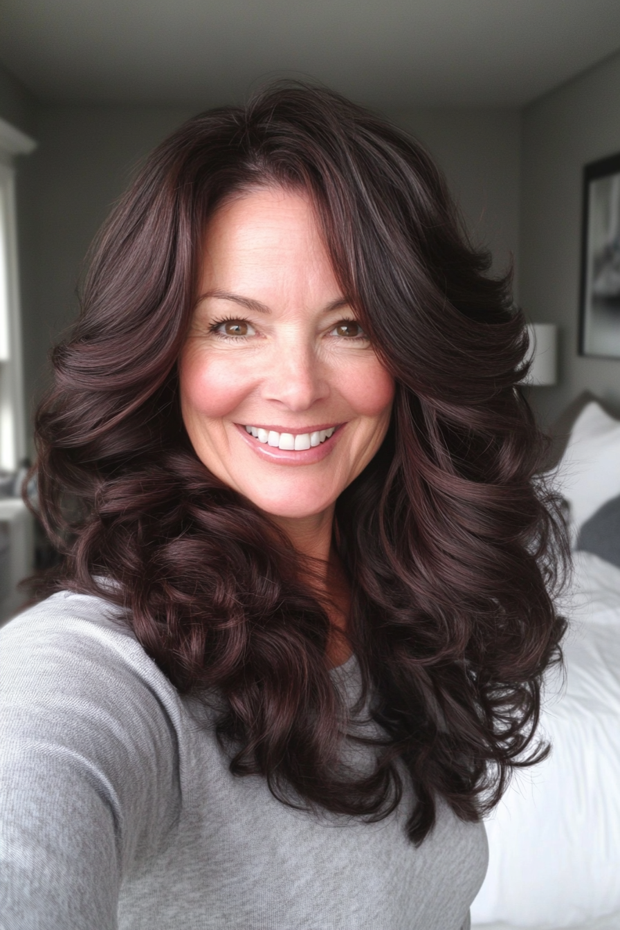 24. Bouncy Curls with Dark Brunette Luster (Fun Haircut Ideas For Women Over 40) - Fun Haircut Ideas For Women Over 40