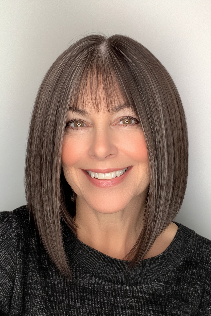 19. Espresso Straight Cut with Chin Bangs (Straight Hairstyles For Older Women) - Straight Hairstyles For Older Women