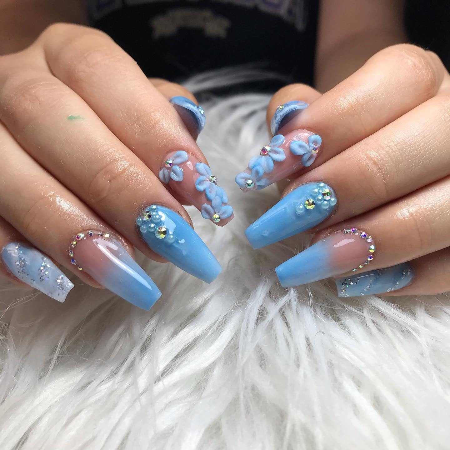 4. Blue Gradient Nails with 3D Flowers and Crystals (Light Blue Nail Ideas)