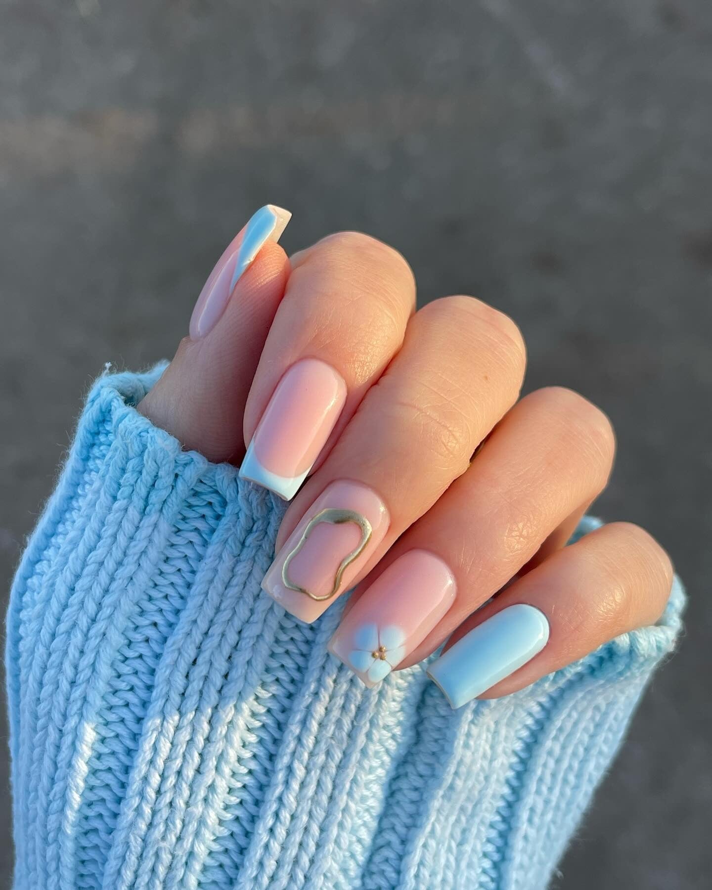 16. Pastel Blue and Nude Nails with Gold Frame (Light Blue Nail Ideas)