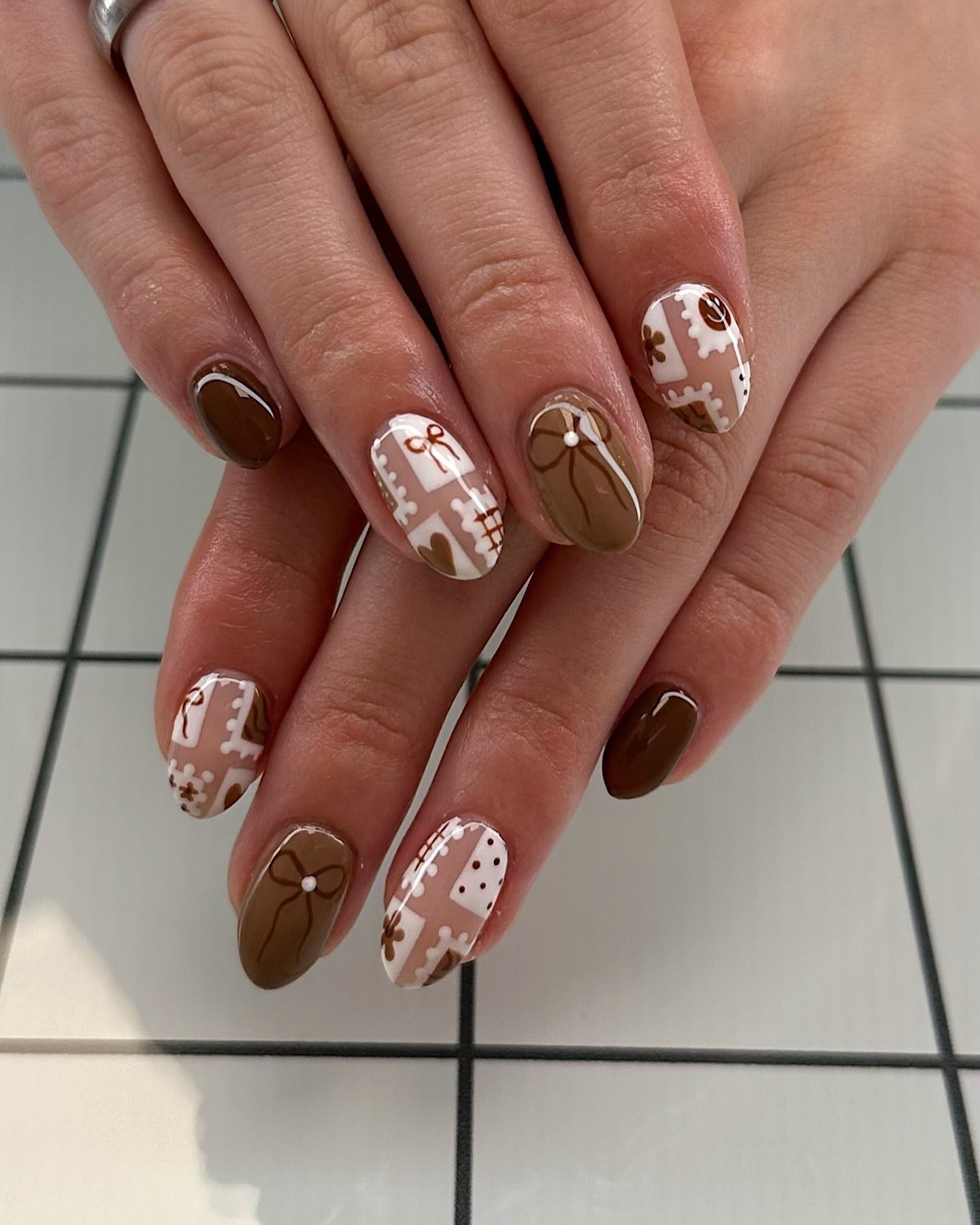 3. Cozy Brown Patchwork Design (Brown Nail Ideas)