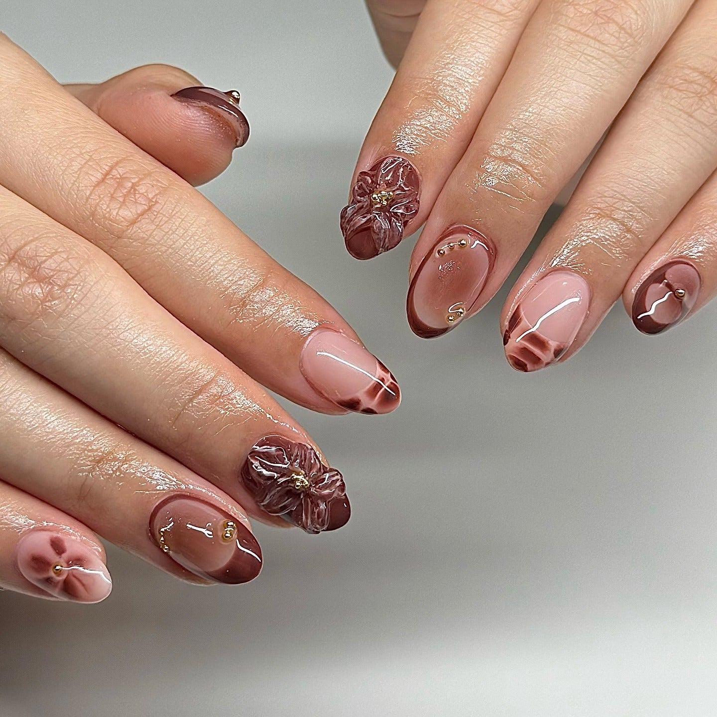 10. 3D Floral Brown French Design (Brown Nail Ideas)