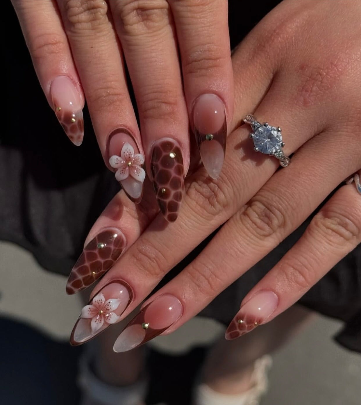 12. Honeycomb Brown with 3D Florals (Brown Nail Ideas)