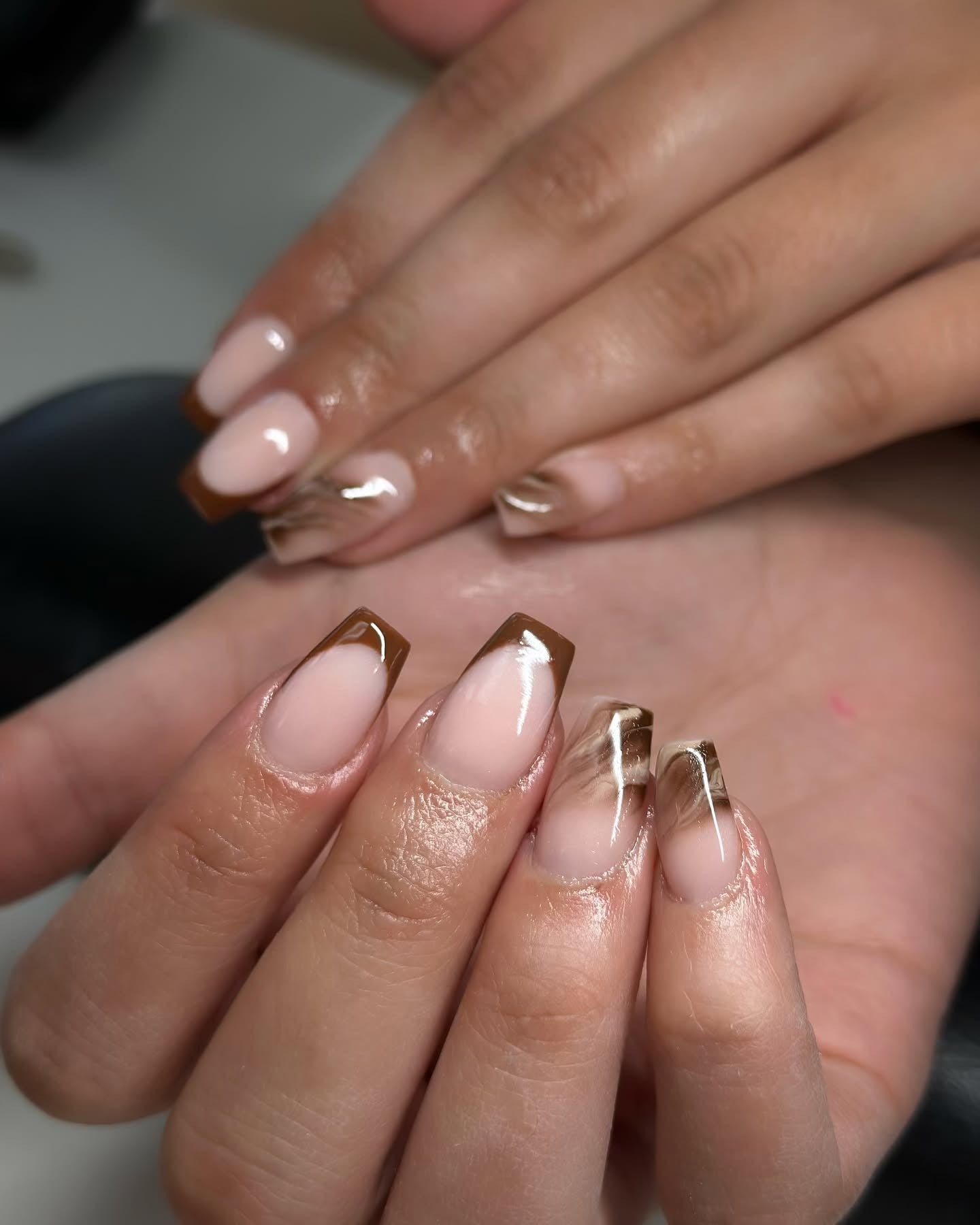 15. Square French with Brown Marble Tips (Brown Nail Ideas)