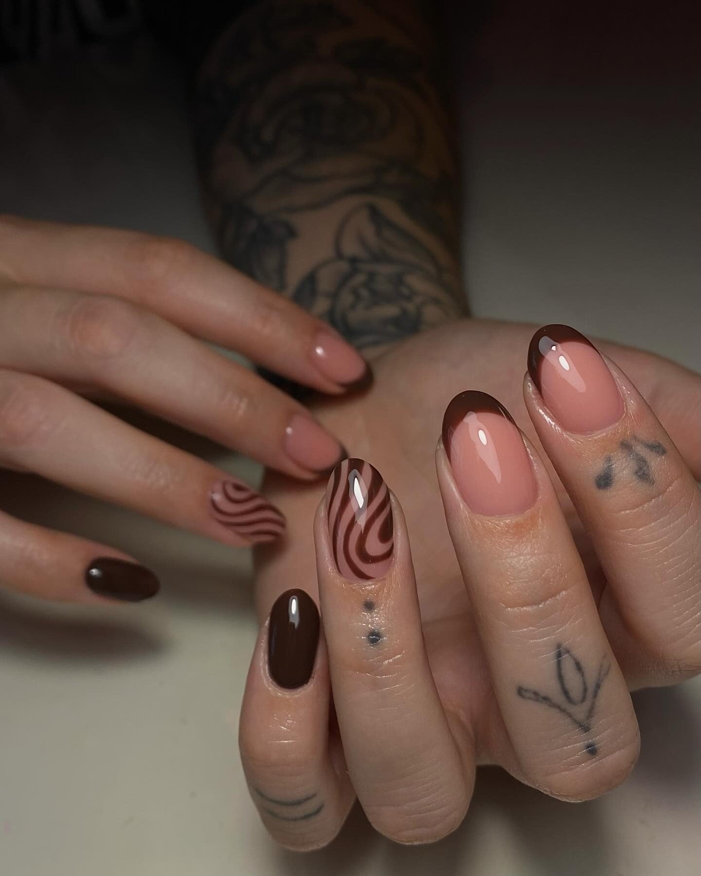 16. Mocha Swirls and French Combo (Brown Nail Ideas)